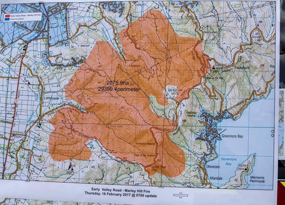 By day four the fire had burnt across more than 2000 hectares of land in the Port Hills. By day four the fire had burnt across more than 2000 hectares of land in the Port Hills.