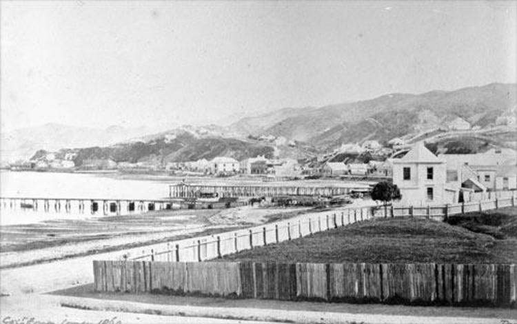 Lambton Quay, Wellington, looking south from Brandon's Corner 1860. SOURCE: GEONET