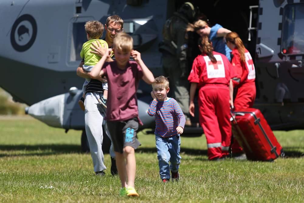 Tourists evacuated from Kaikoura by military helicopter arrive in Christchurch on Tuesday. (JOSEPH JOHNSON\/FAIRFAX NZ)